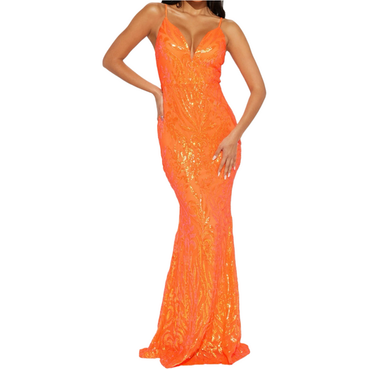 Orange Sequin Prom Dress - Size L