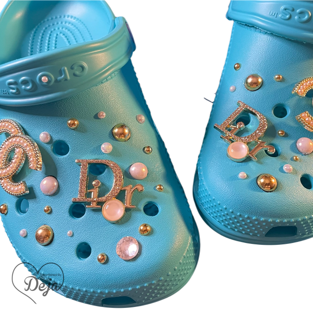 New Custom Crocs Women's Size 9, Icy Blue With Custom Charms 1